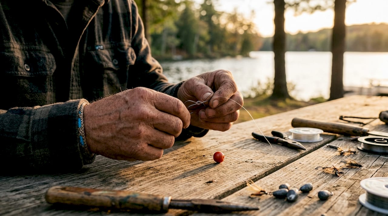 Angler tying hook matching bead size nearby