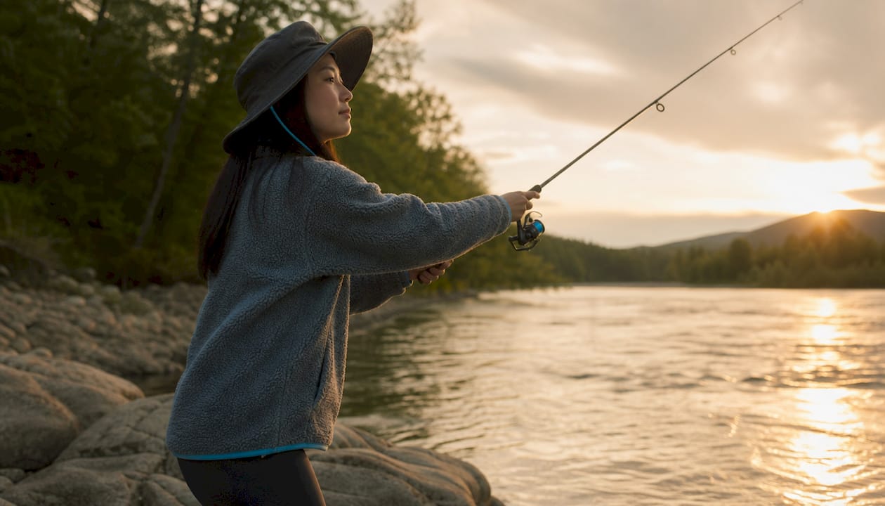Woman fishing on a lake dock at dawn for virtual tournament