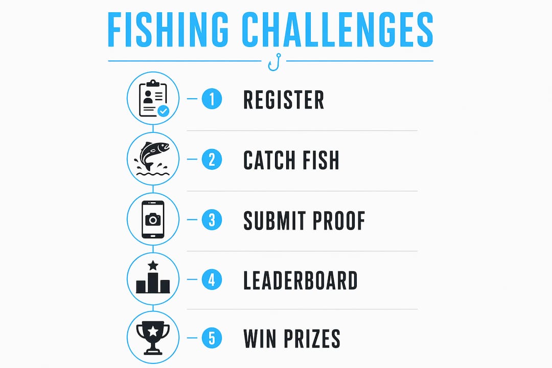 Infographic showing steps of an online fishing challenge