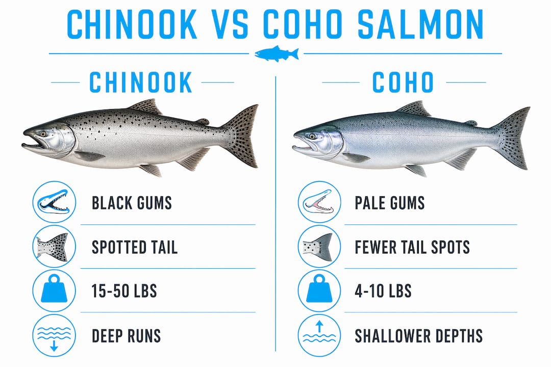 Infographic comparing Chinook and Coho salmon traits