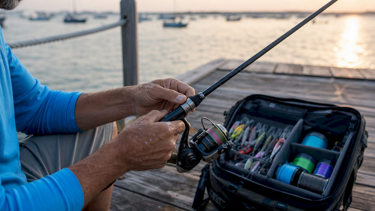 Close-up on hands fitting spinning reel to rod at dock