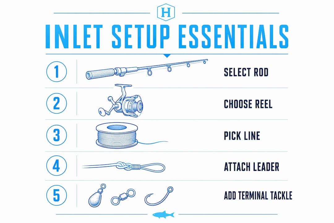 Infographic showing step-by-step inlet fishing gear setup