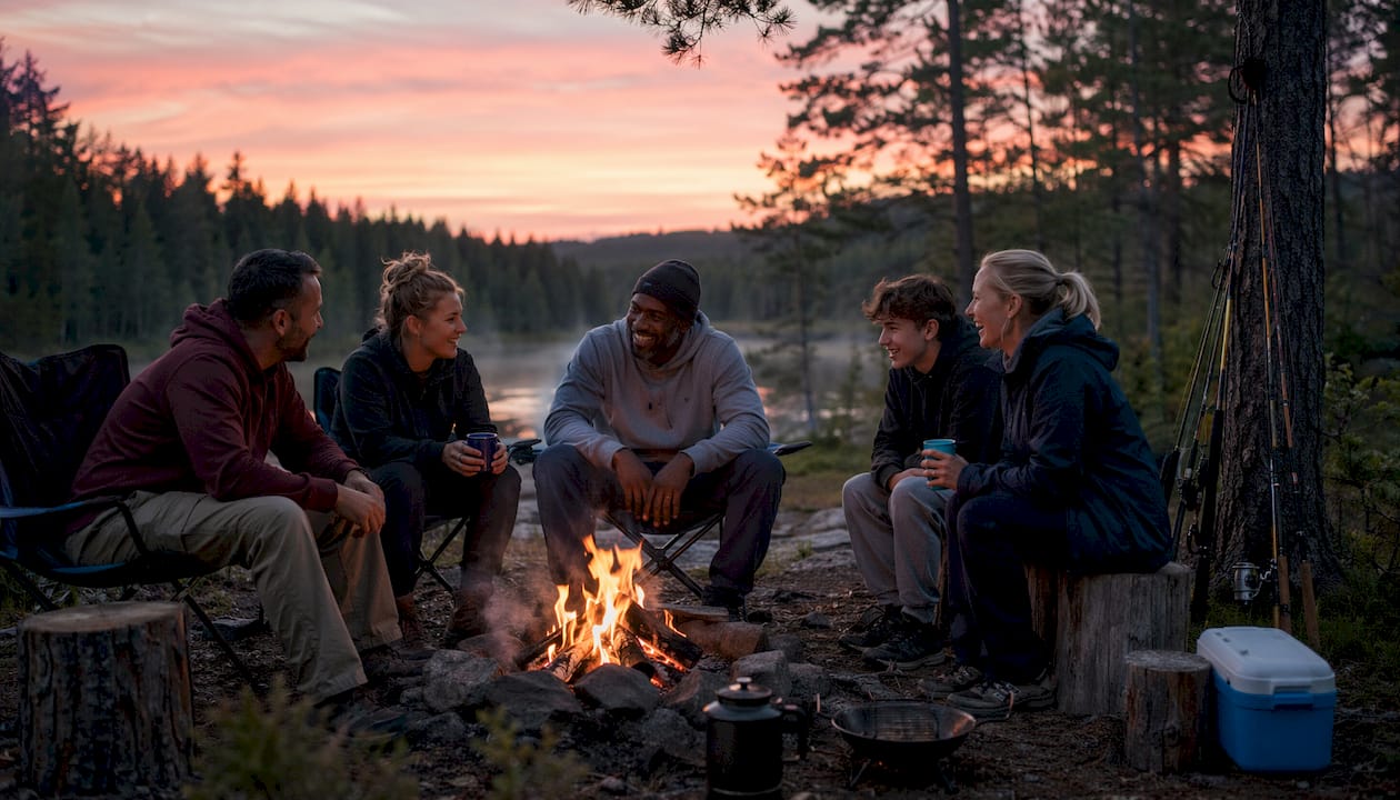 Group sharing stories around campfire at fishing camp