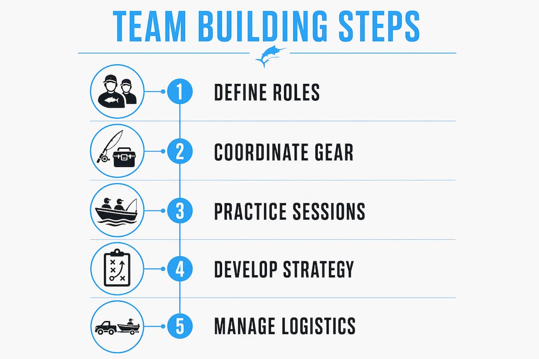 Infographic illustrating steps to build a fishing tournament team