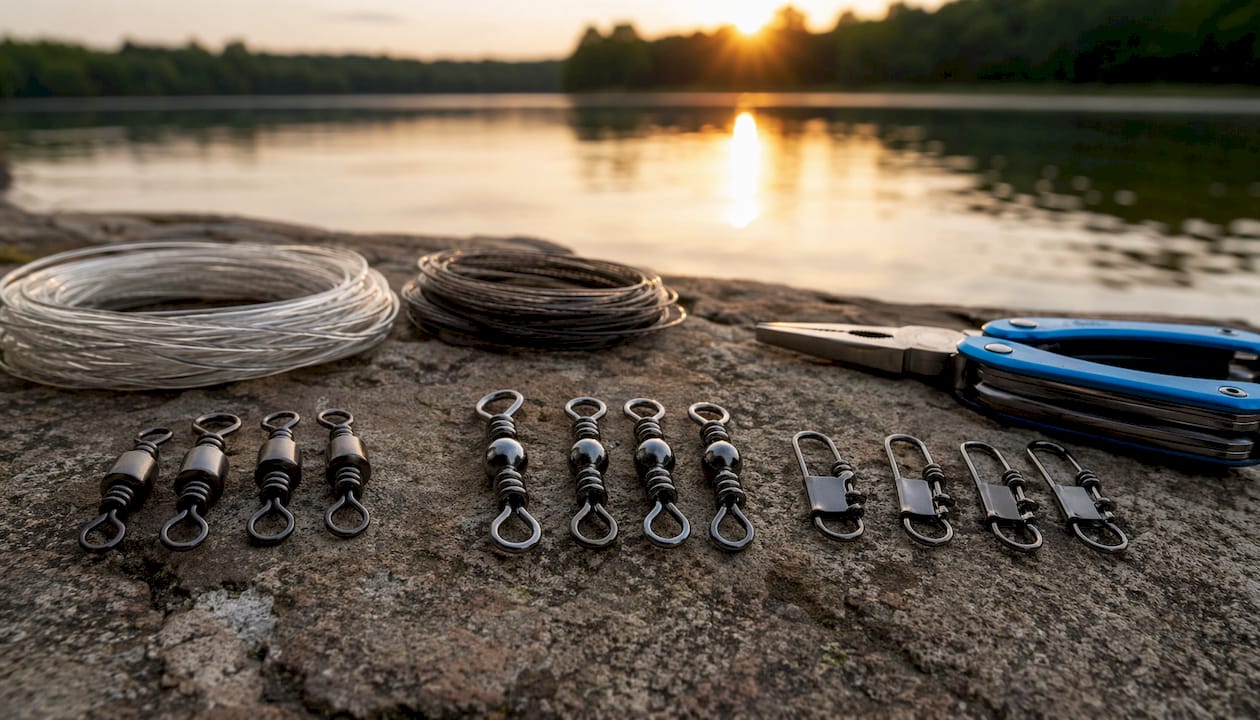 Three fishing swivel types displayed on table