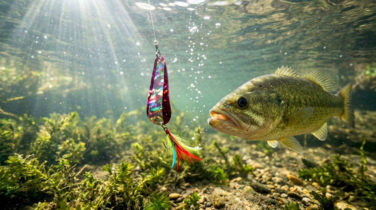 Underwater view of fishing flasher attracting fish