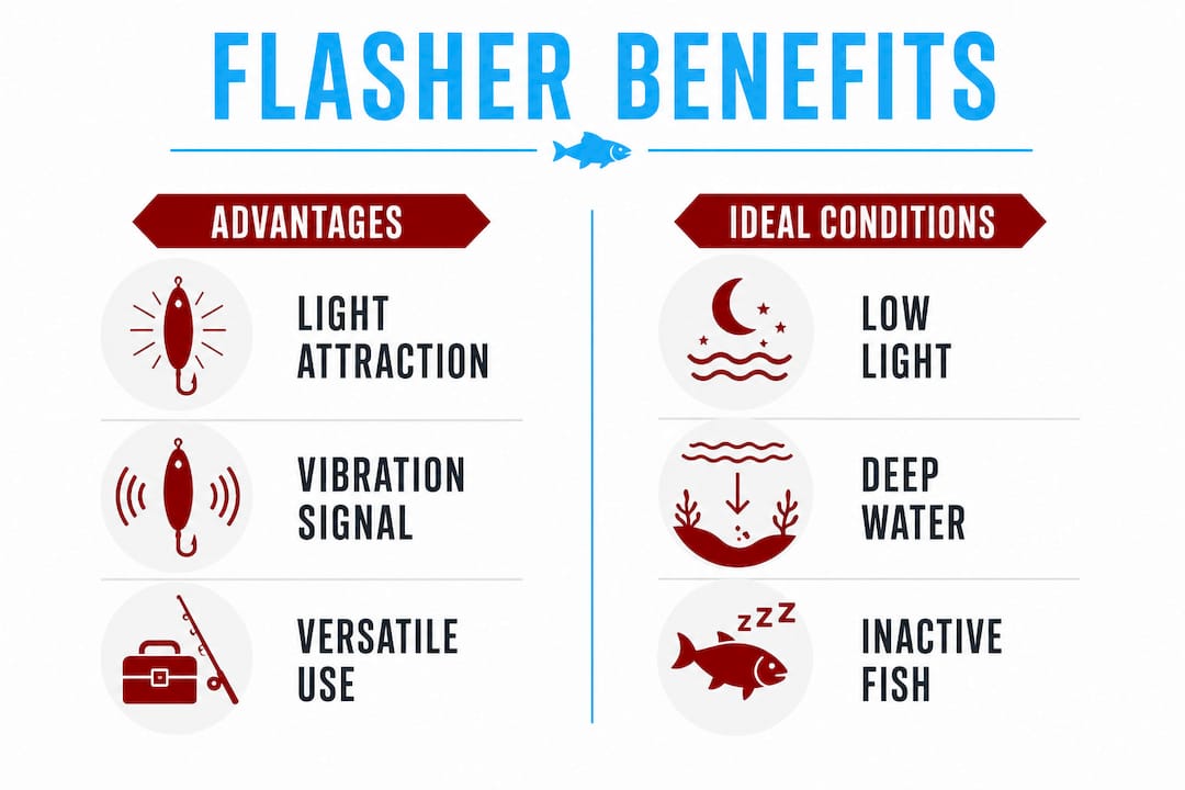 Infographic comparing benefits and ideal conditions for fishing flashers
