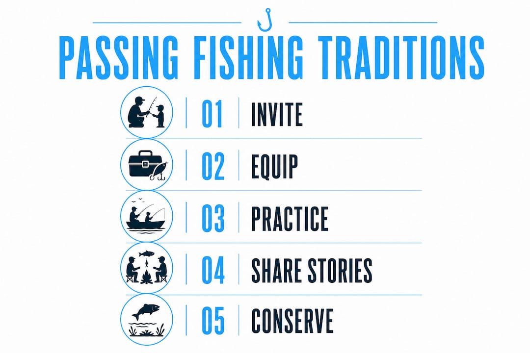 Infographic showing 5 steps of family fishing traditions