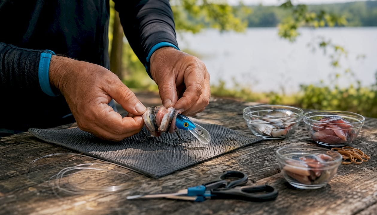 Hands wrapping sardine fillets on Kwikfish lure
