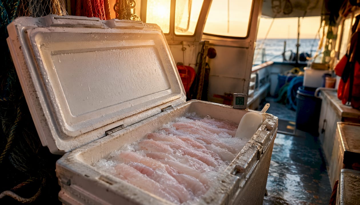Fish fillets stored on ice in cooler