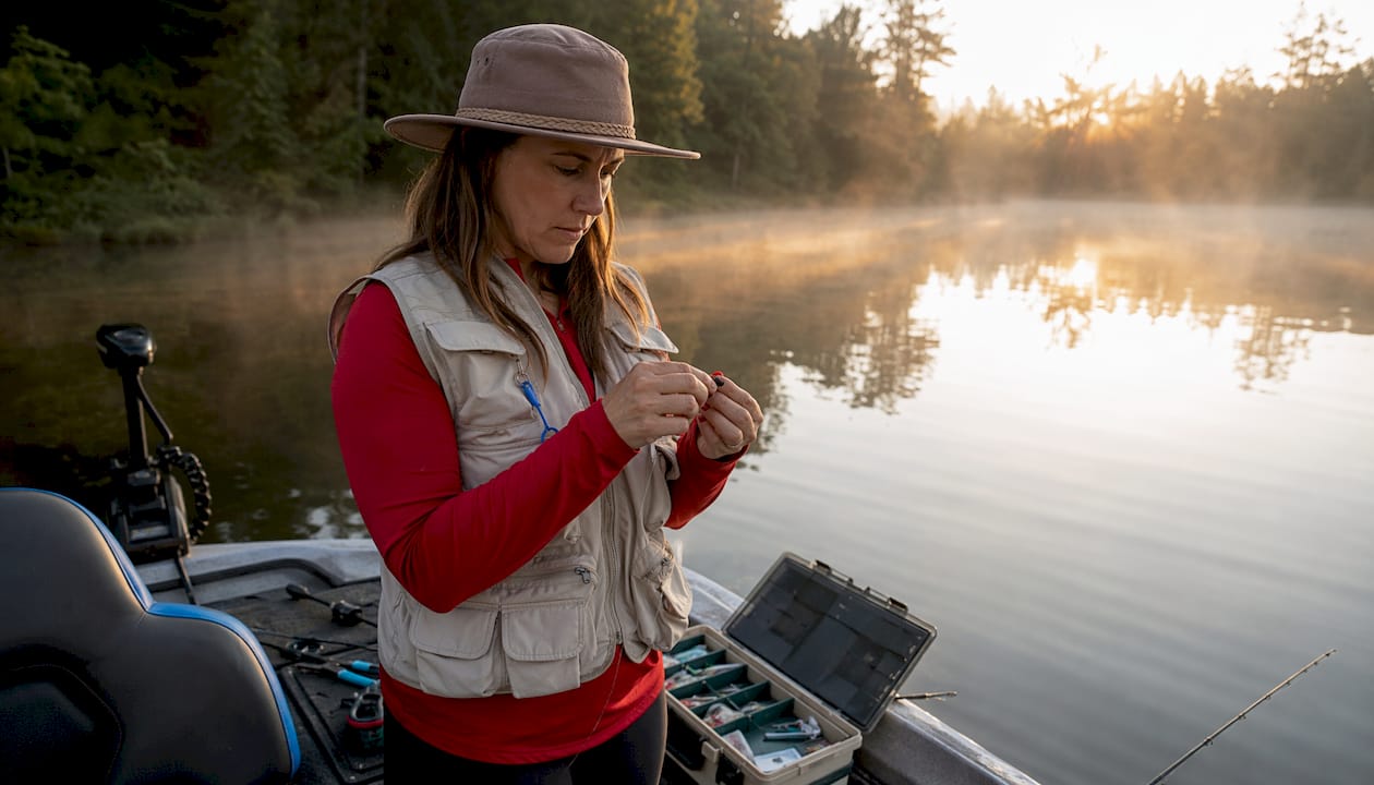 Woman preparing fishing gear on boat deck