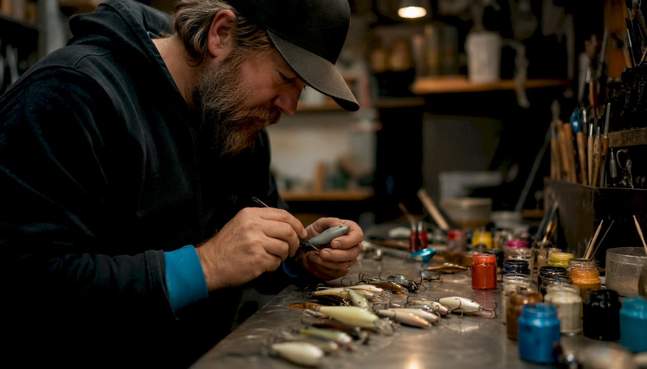 Close-up of hands crafting boutique fishing lures