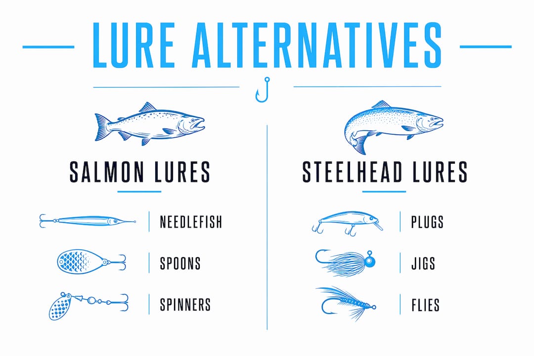 Infographic comparing salmon and steelhead lure types