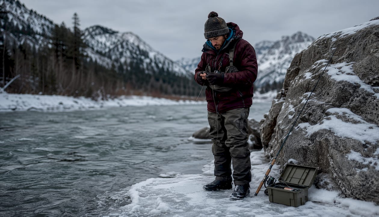 Close-up hands tying heavy leader line for winter steelhead