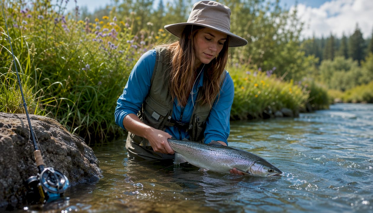 Woman releasing summer steelhead in clear river
