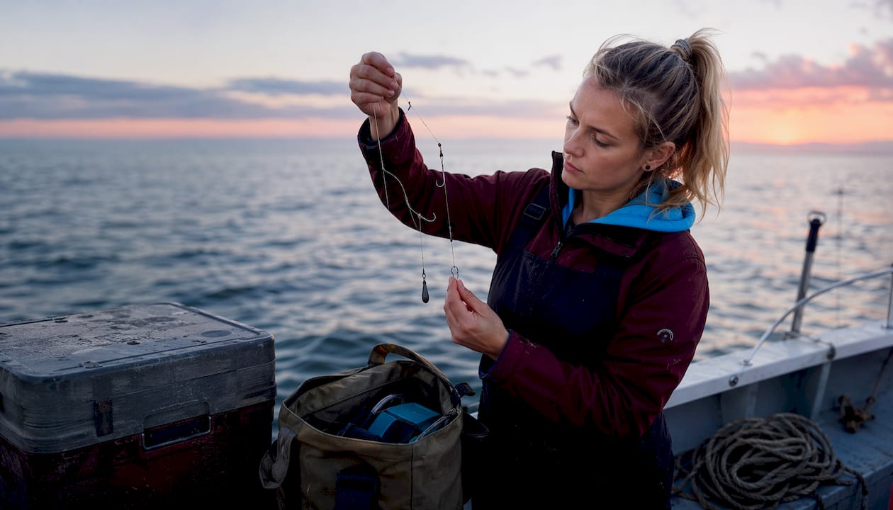 Woman holding high-low double dropper rig on boat