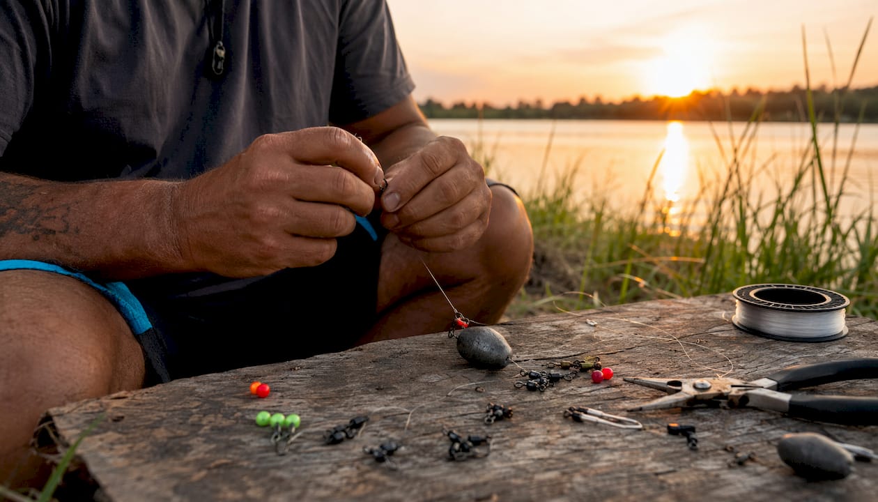 Close-up hands tying sliding egg sinker fishing rig