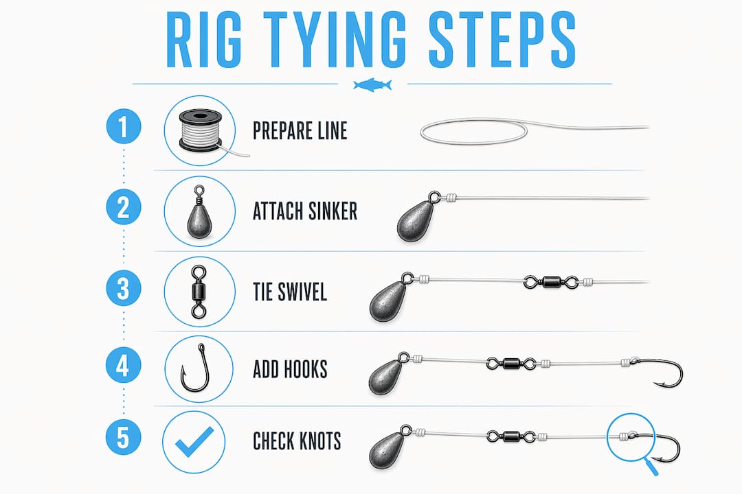 Infographic showing step-by-step rig tying process