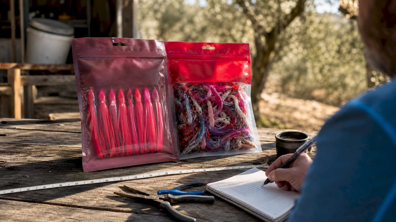 Two squid skirt packs side by side overhead
