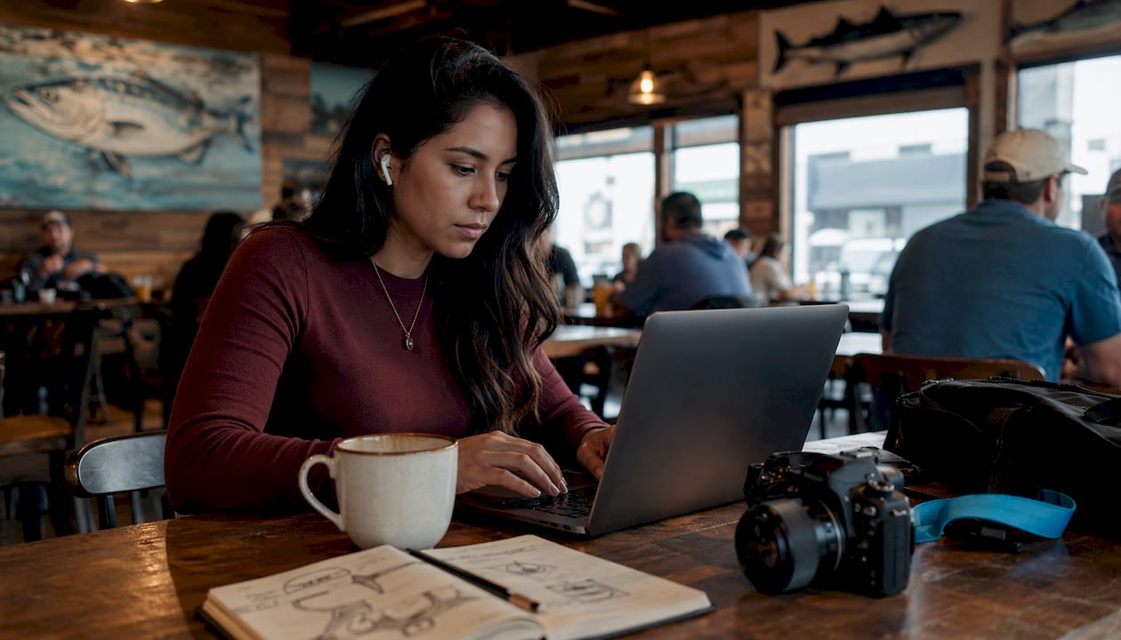 Woman editing fishing photos indoors
