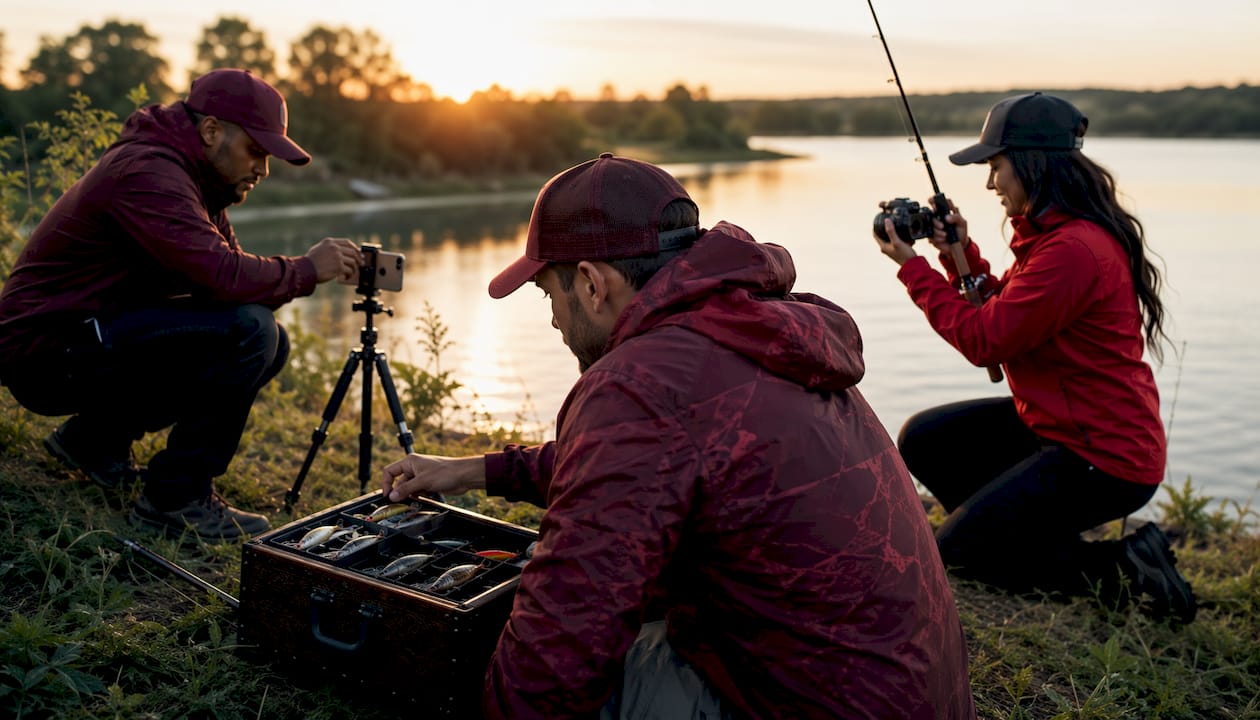 Group of fishing influencers preparing content outdoors