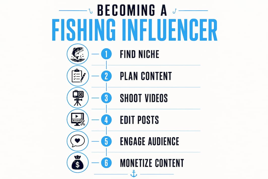Infographic illustrating steps to become fishing influencer