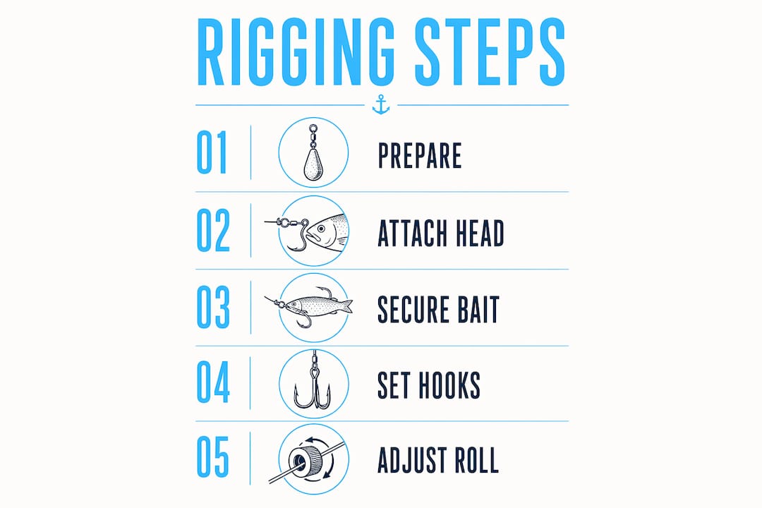 Infographic of salmon teaser rigging steps