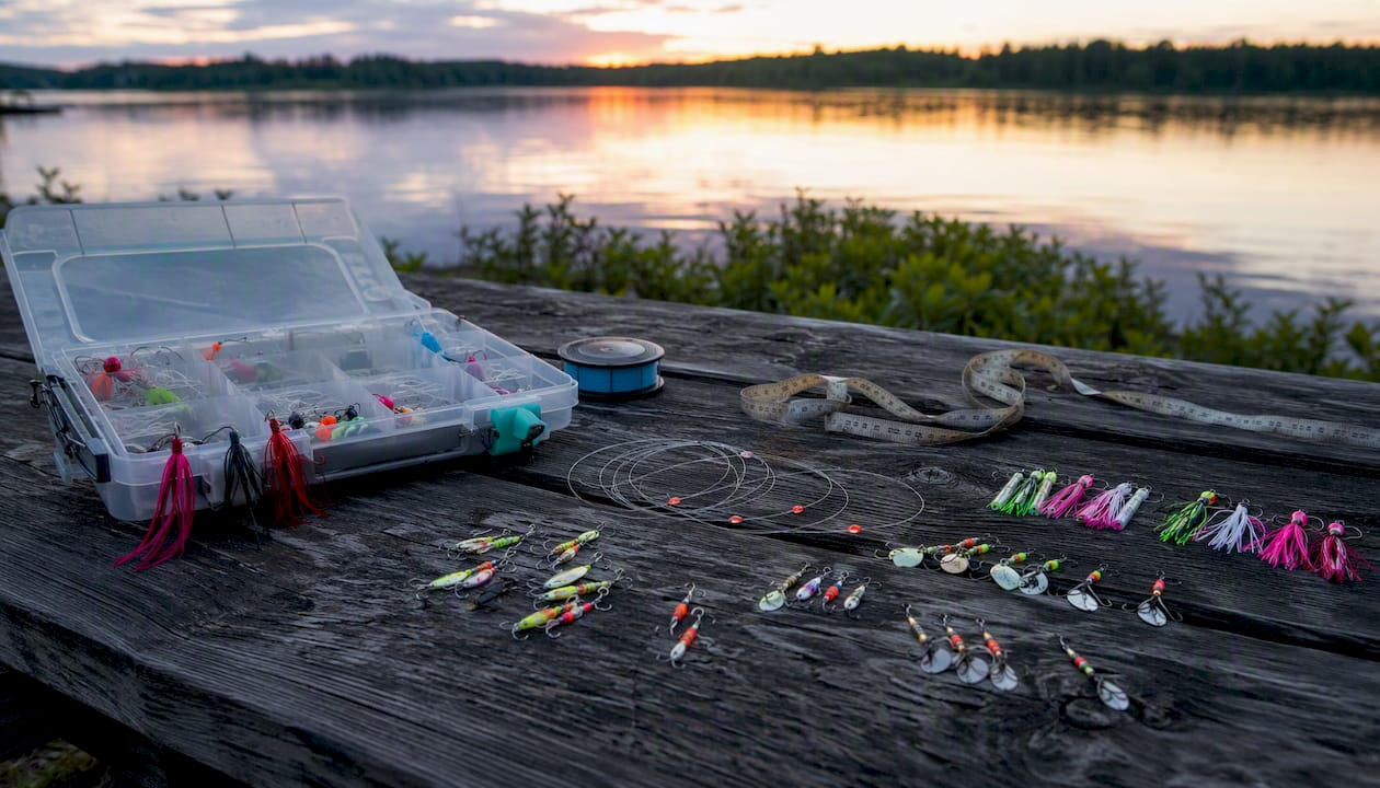 Short fishing leaders and kokanee lures on dock
