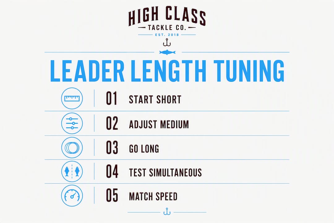 Infographic showing leader length tuning steps for kokanee fishing