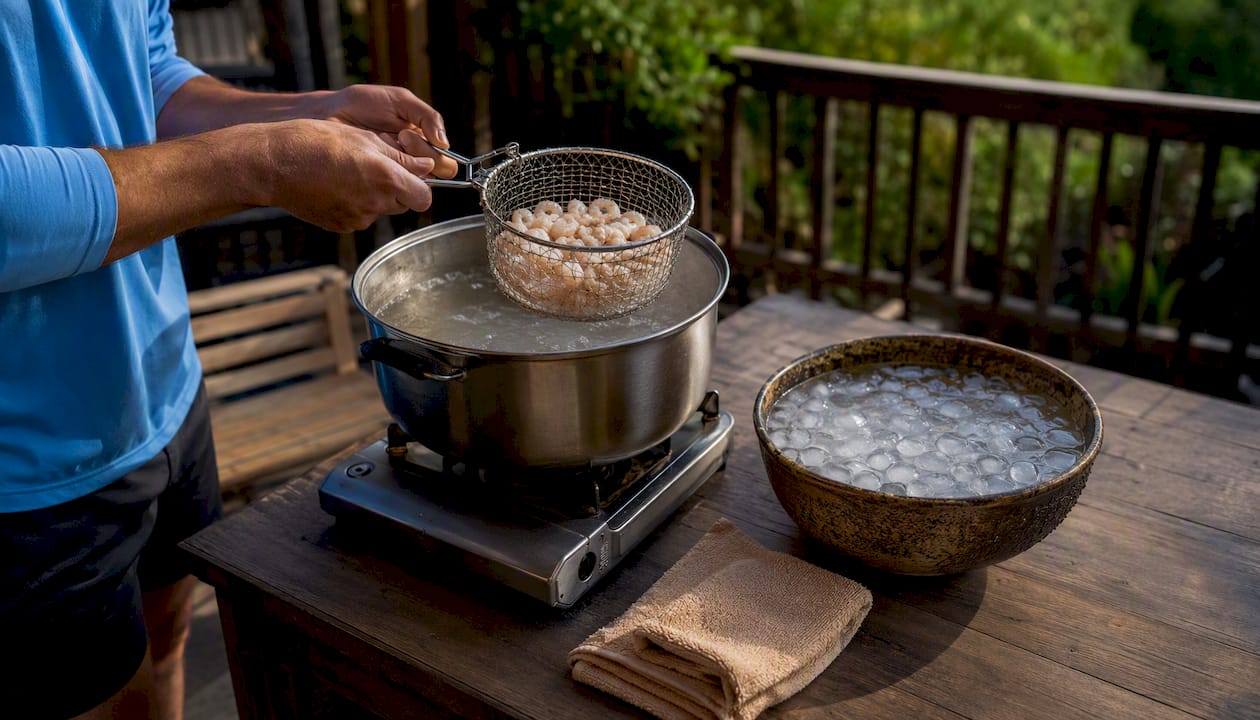 Hands blanching sand shrimp over boiling water
