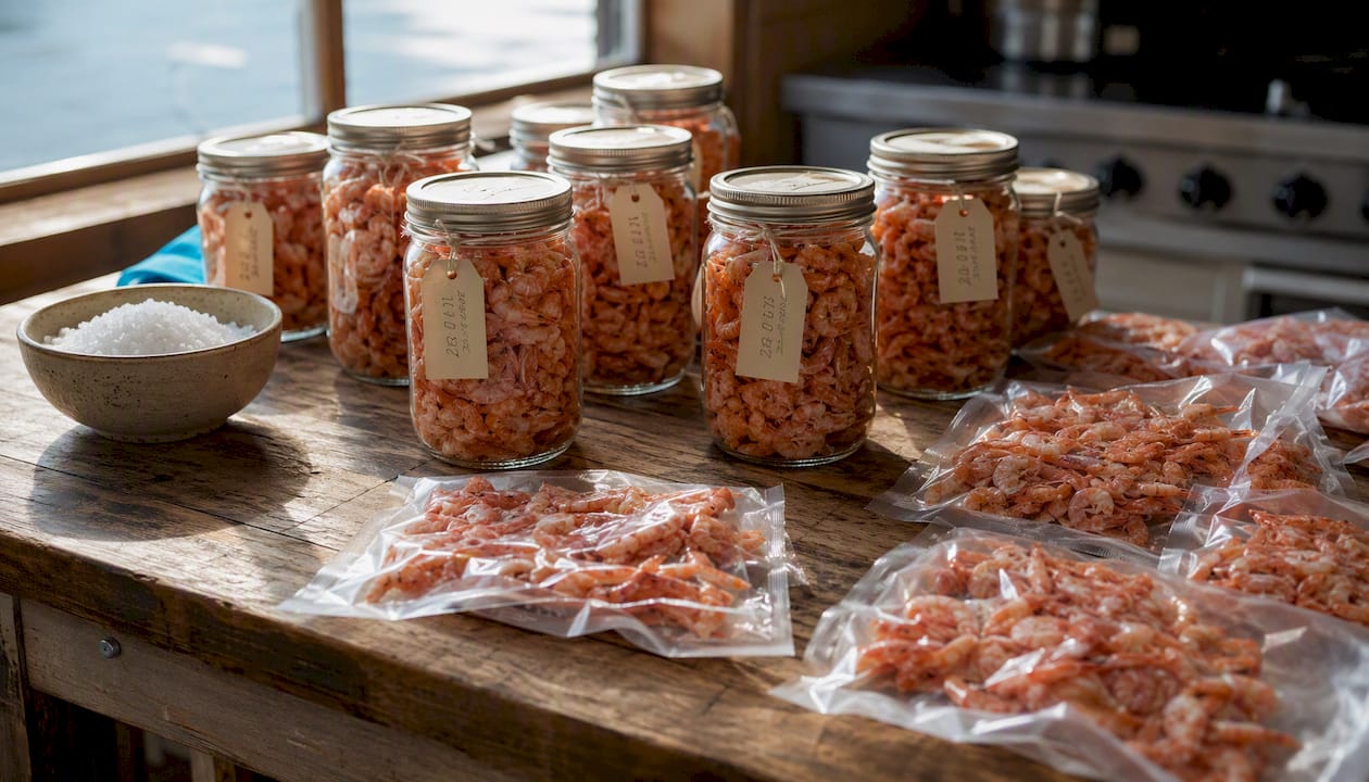 Jars of cured sand shrimp ready for storage