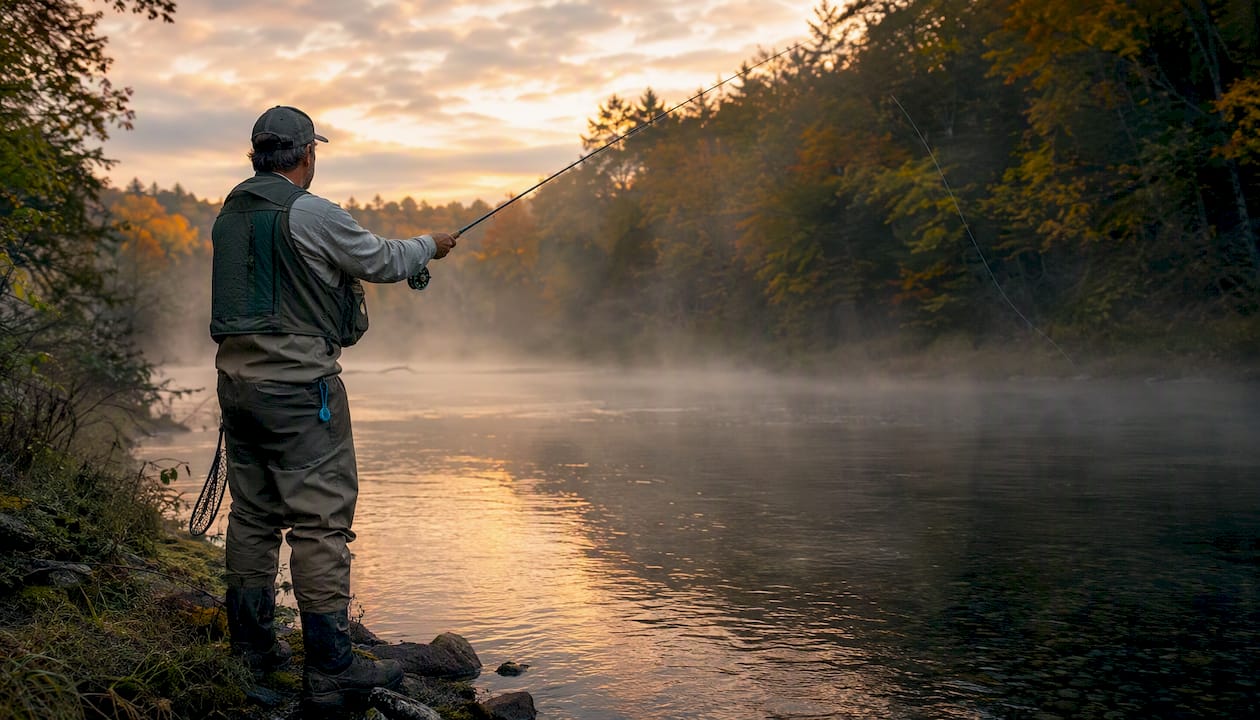 Fisherman casting at river thermocline edge