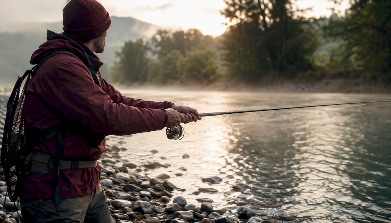 Angler casting fishing rod in durable apparel outdoors