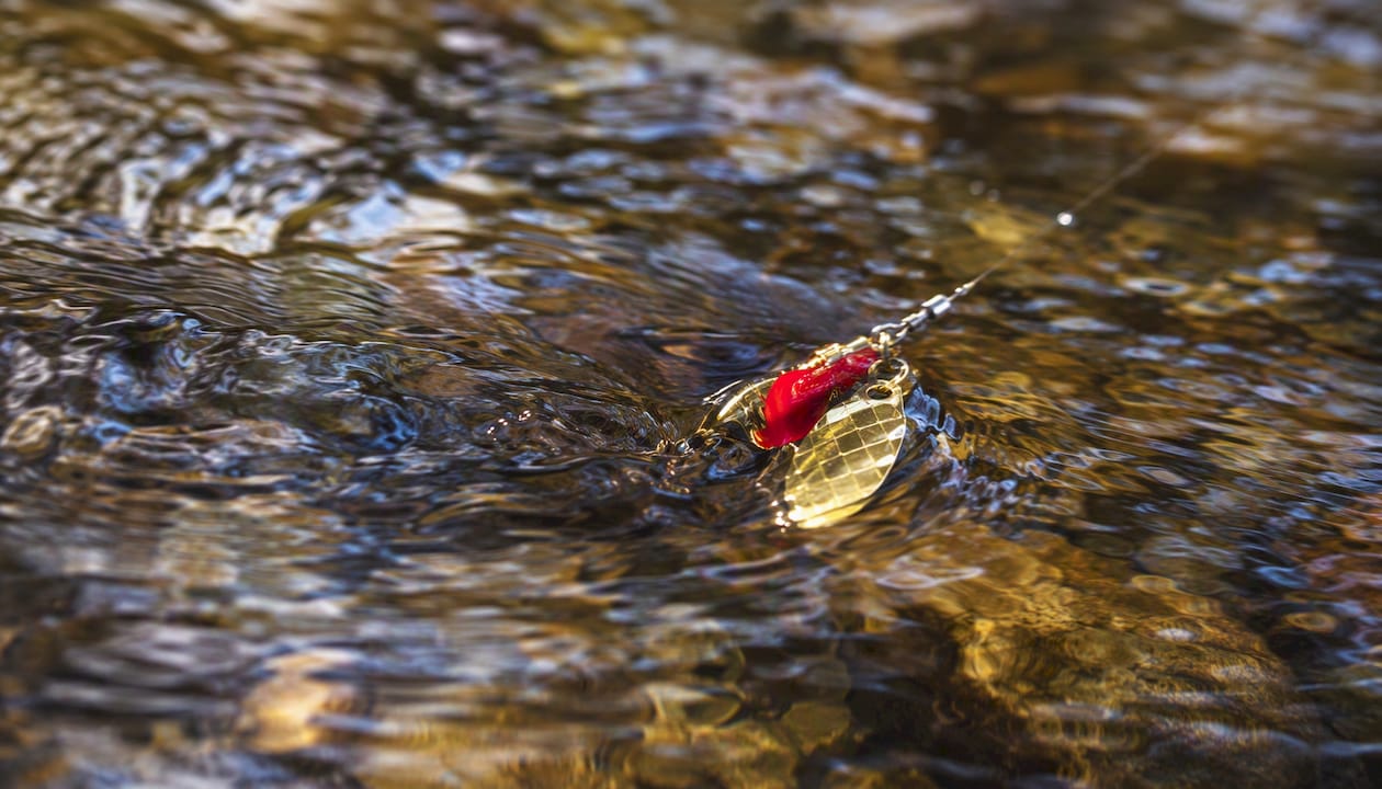 Close-up of spinning lures underwater showing flash