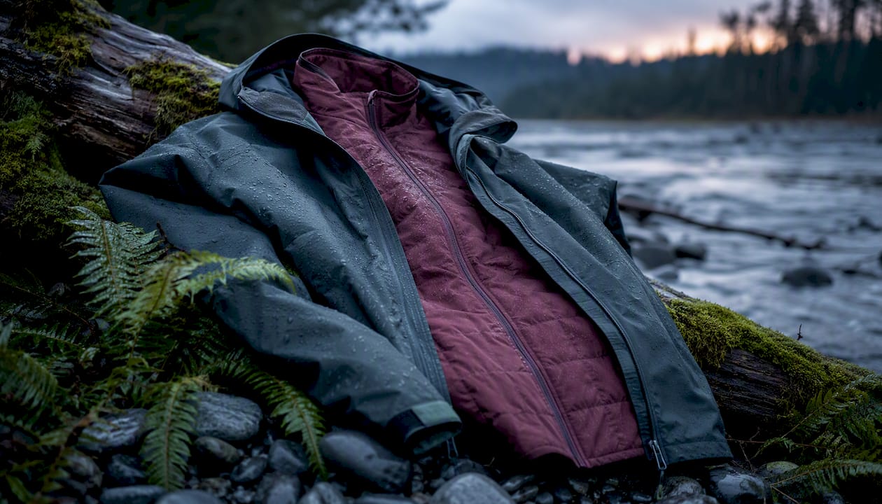 Layered fishing jackets on branch in misty riverside setting