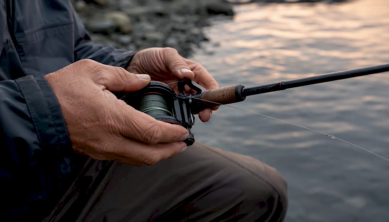 Angler adjusting lever-drag reel on trolling rod