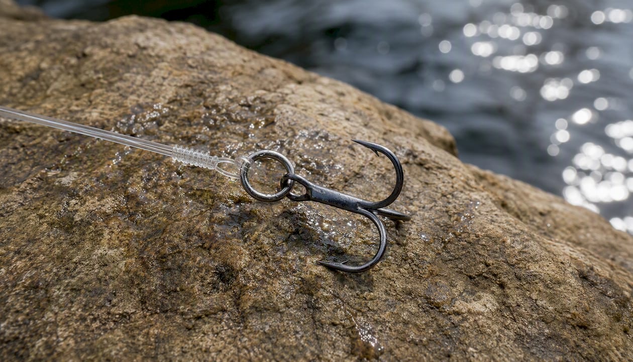 Strong treble hook and split ring rigged on leader