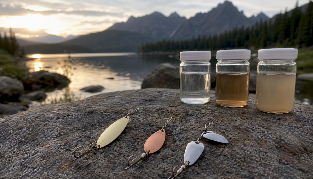 Three spinner blades displayed by water clarity samples
