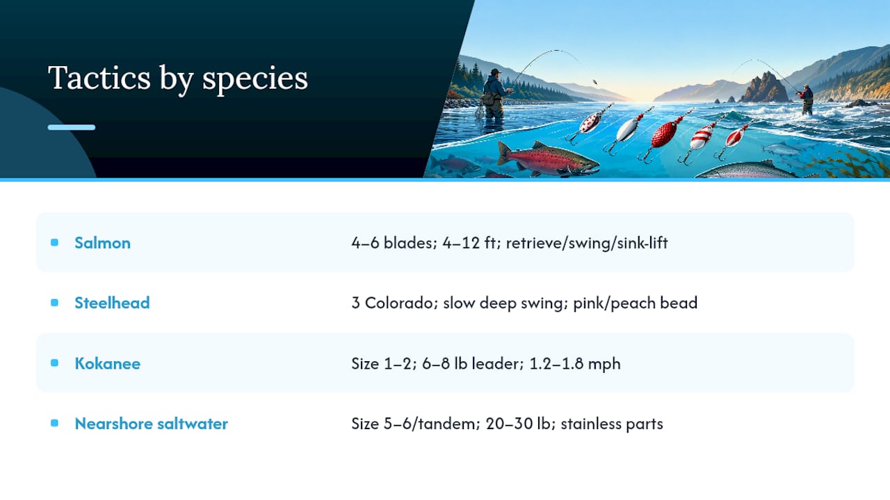Species-specific tactics for salmon, steelhead, kokanee, and saltwater — overview diagram