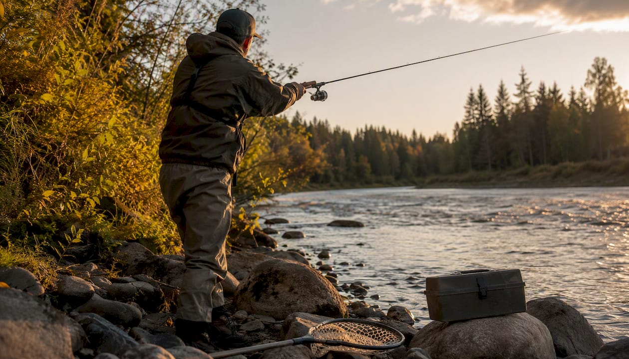 Angler casting lure thoughtfully by river