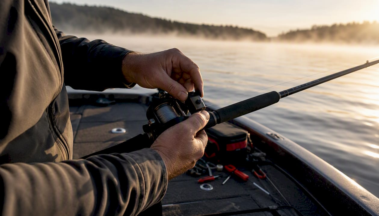 Angler adjusting line counter on trolling reel