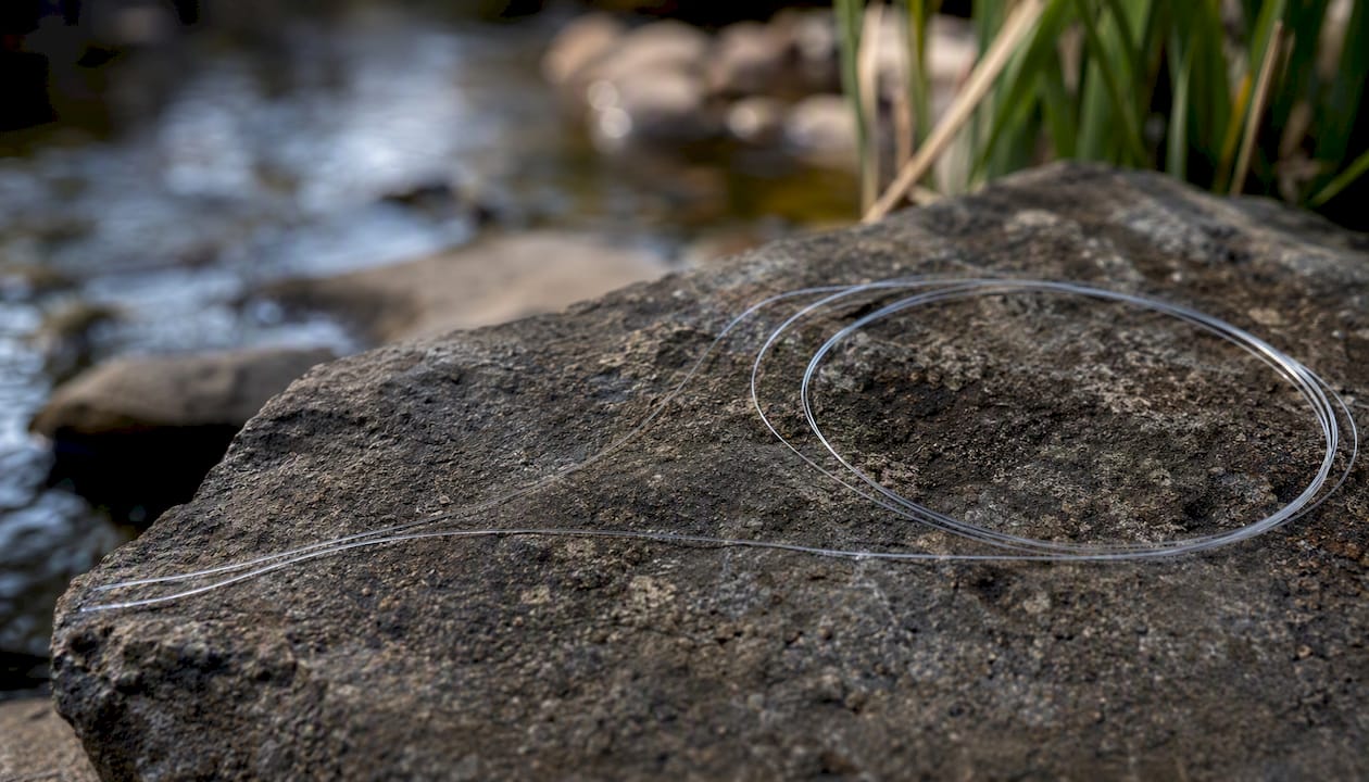 Tapered steelhead fly fishing leader on wood