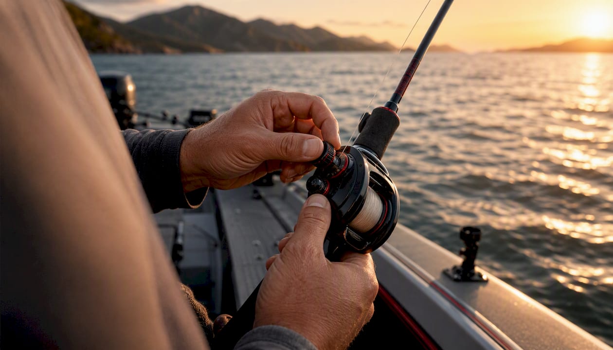 Hands adjusting fishing reel drag on boat deck