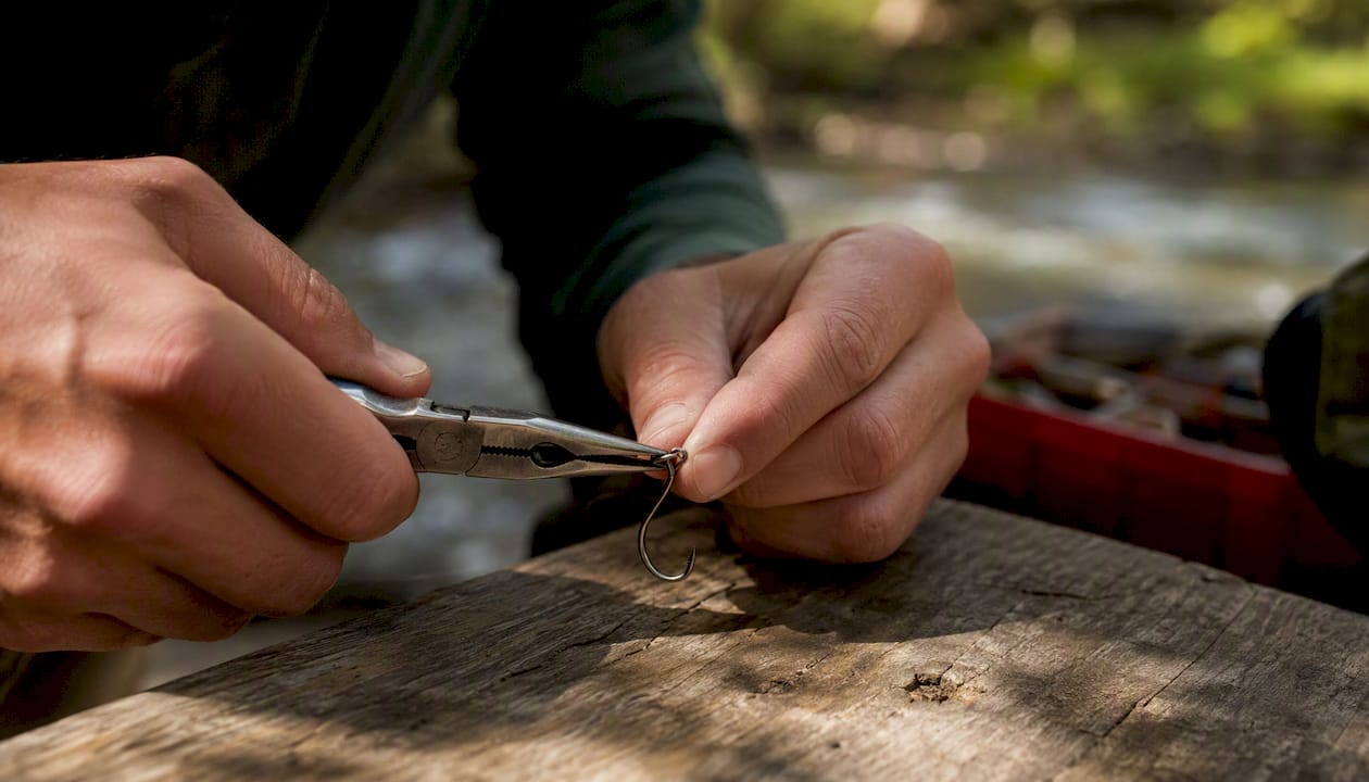 Hands flattening barb with pliers on hook