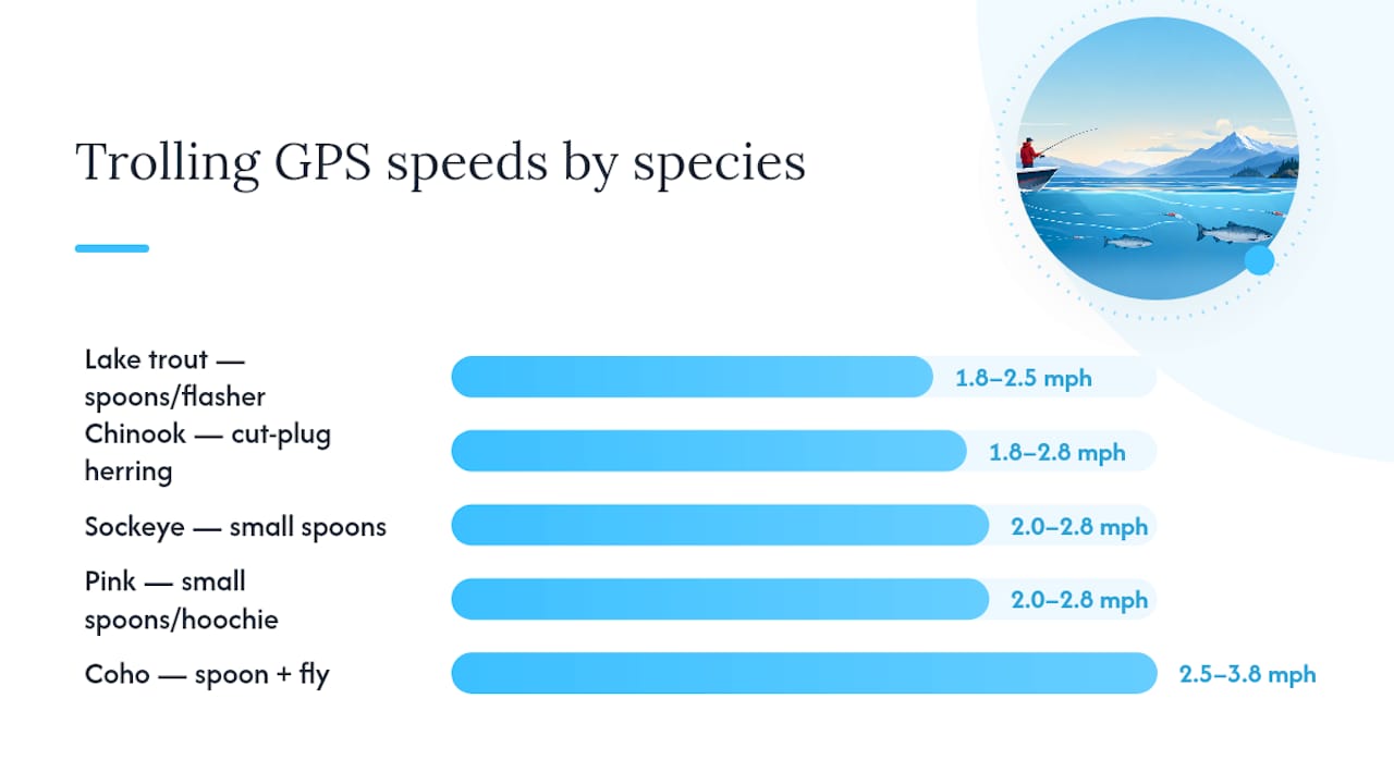 Diagram of salmon species trolling speeds and gear
