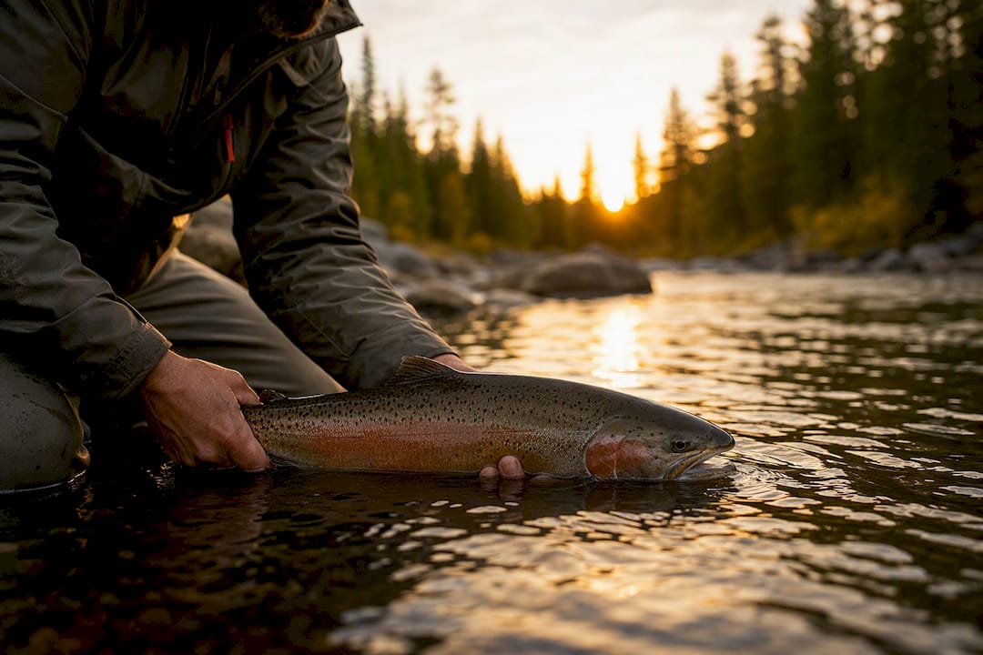 Salmon released into river by angler's hands