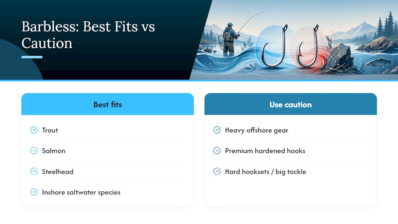 Diagram showing fish species suitability and gear cautions for barbless hooks