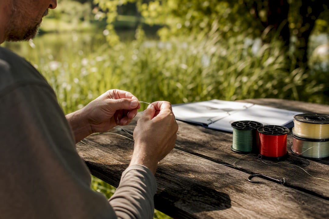 Hands practicing tying fishing knots over table