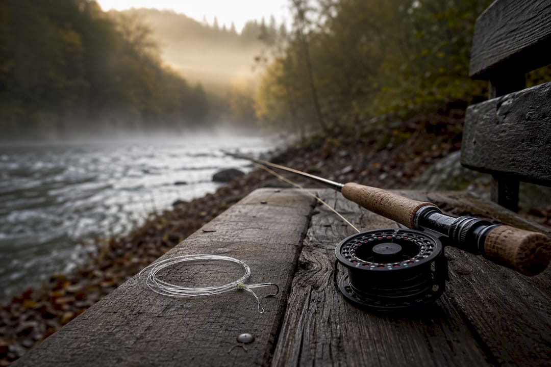 Fishing rod and leader setup on river bench