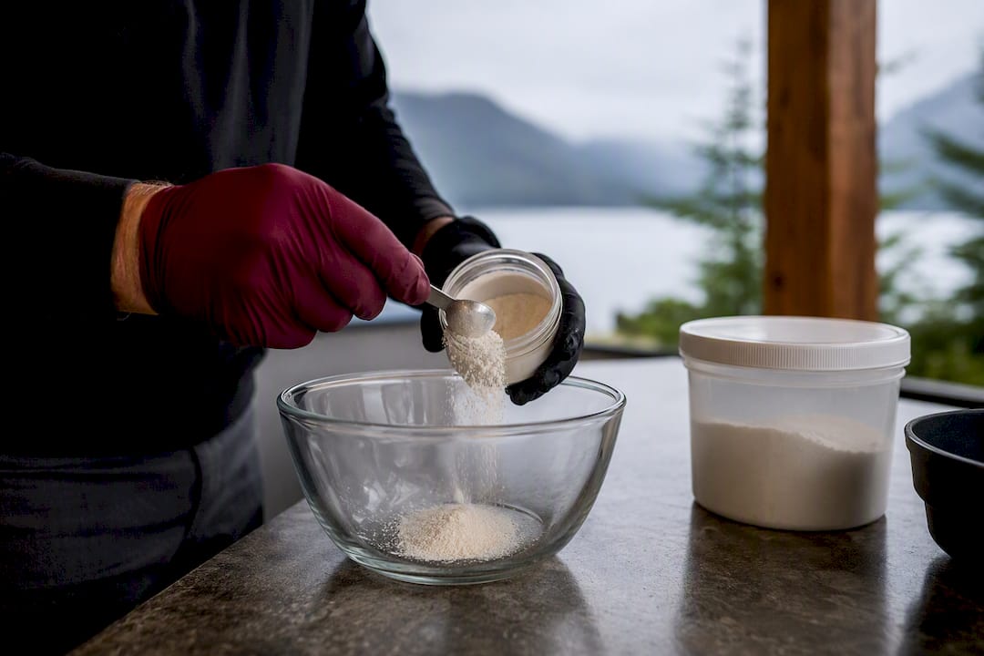 Gloved hands measuring salmon egg cure powder
